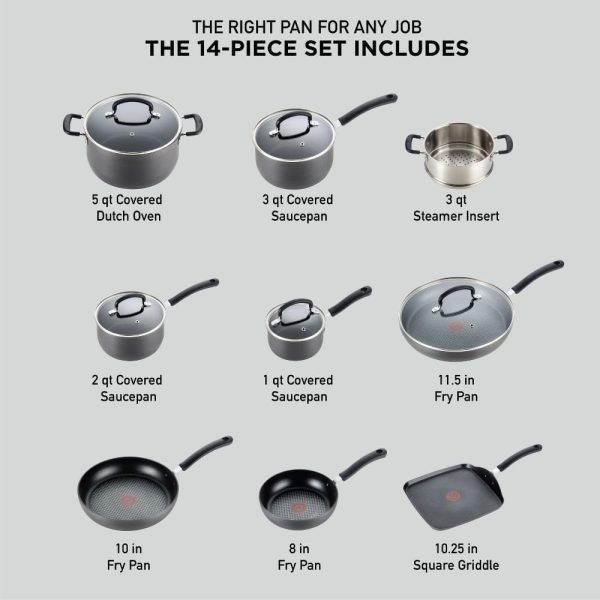 T-fal Ultimate Hard Anodized Nonstick Cookware Set 14 Piece, Oven Broiler Safe 400F, Lid Safe 350F, Kitchen Cooking Set w/ Fry Pans, Saucepans, Griddle, Dutch Oven, Pots & Pans, Dishwasher Safe, Black - Image 2