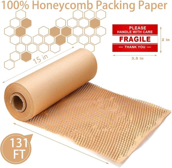 onesimcr Honeycomb Packing Paper Wrap 15"x131' Sustainable Alternative to Bubble Wrap for Moving/shipping/packing Roll with 20 Fragile Sticker Biodegradable & Fully Recylable… - Image 4