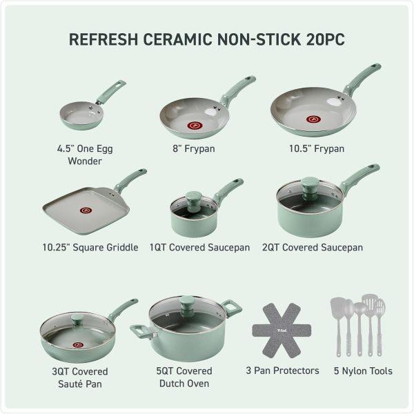 T-fal Refresh Ceramic, Ceramic Non Stick Cookware Set 20 Piece, Oven Broiler Safe 350F, Kitchen Set w/Egg Pan, Fry Pans, Saucepans, Griddle, Sautepan, Dutch Oven & Utensils, Pots, Pans, Mint Green - Image 4